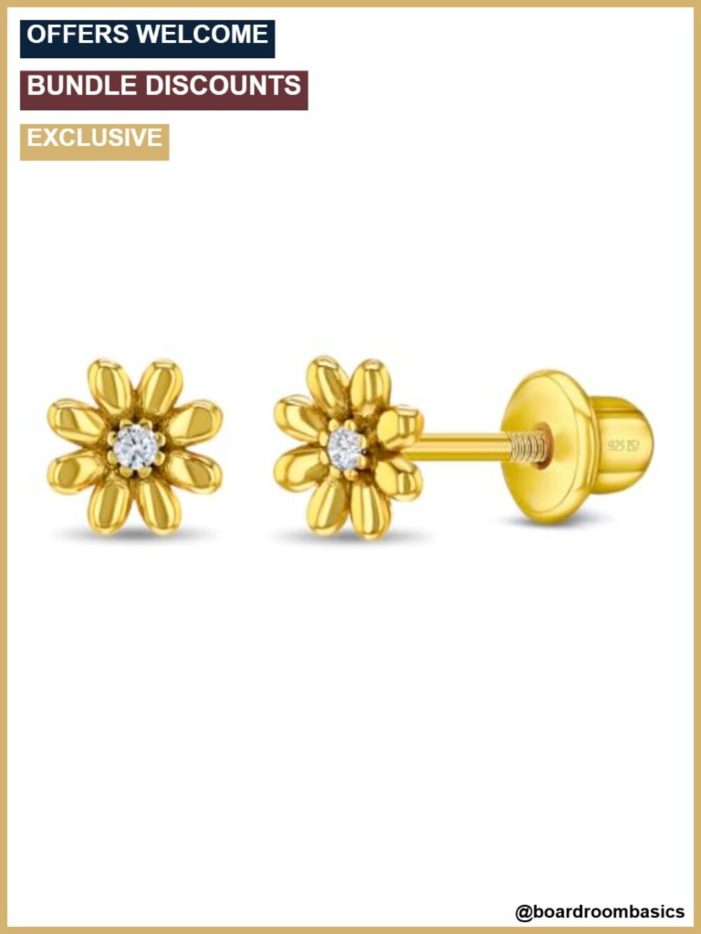 Flower Puffed Earrings Gold Flashed Sterling Silver Screw Back Kids